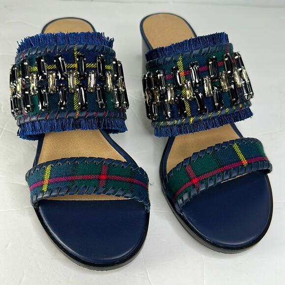 Jack Rogers Beatrix Bejeweled Plaid Block Heel Sandal Navy Green Size 9 New - Picture 4 of 14